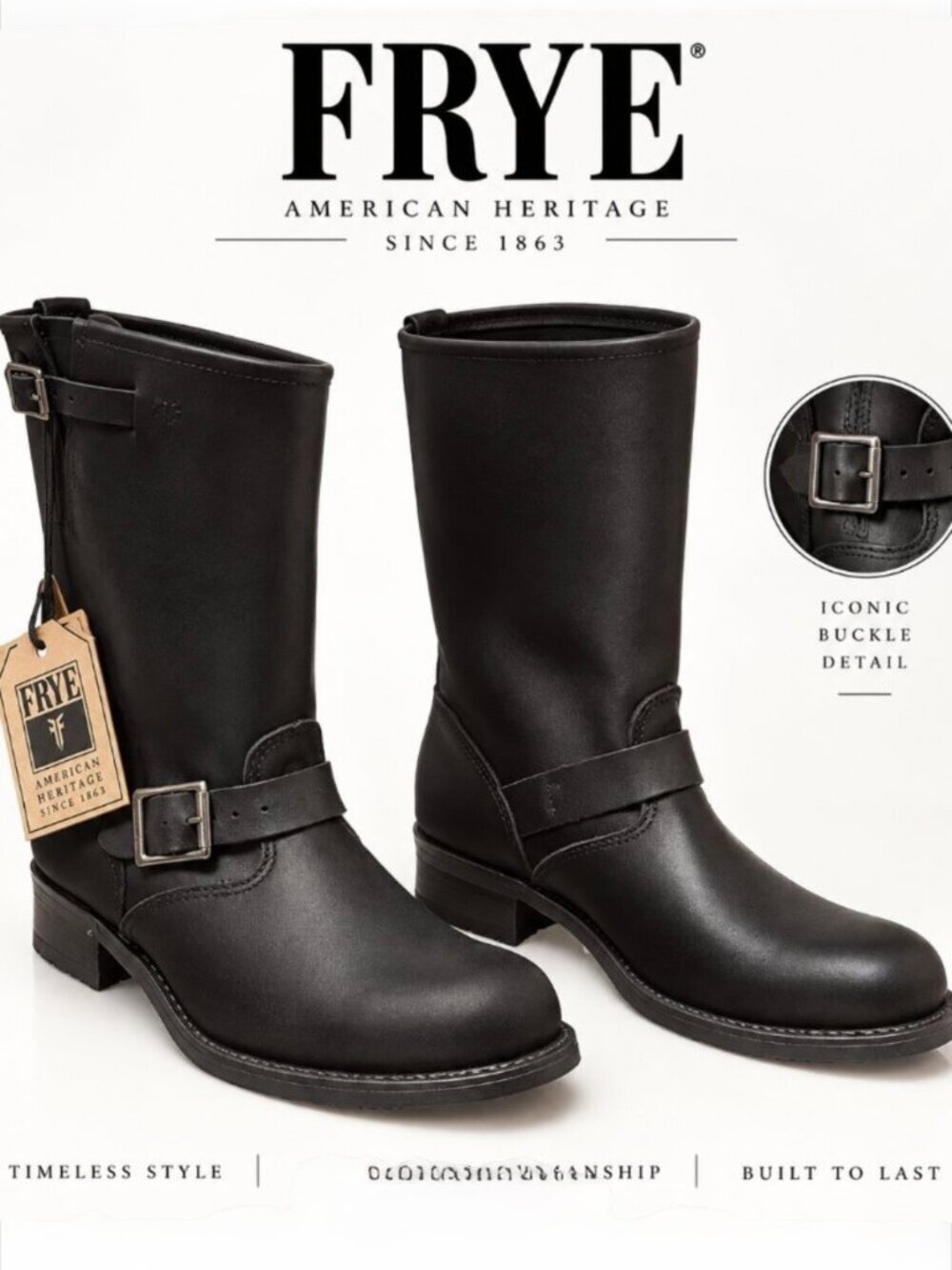 NIB Women's 12 Frye Engineer 12R Boots Black Leather Buckles USA Men's 10